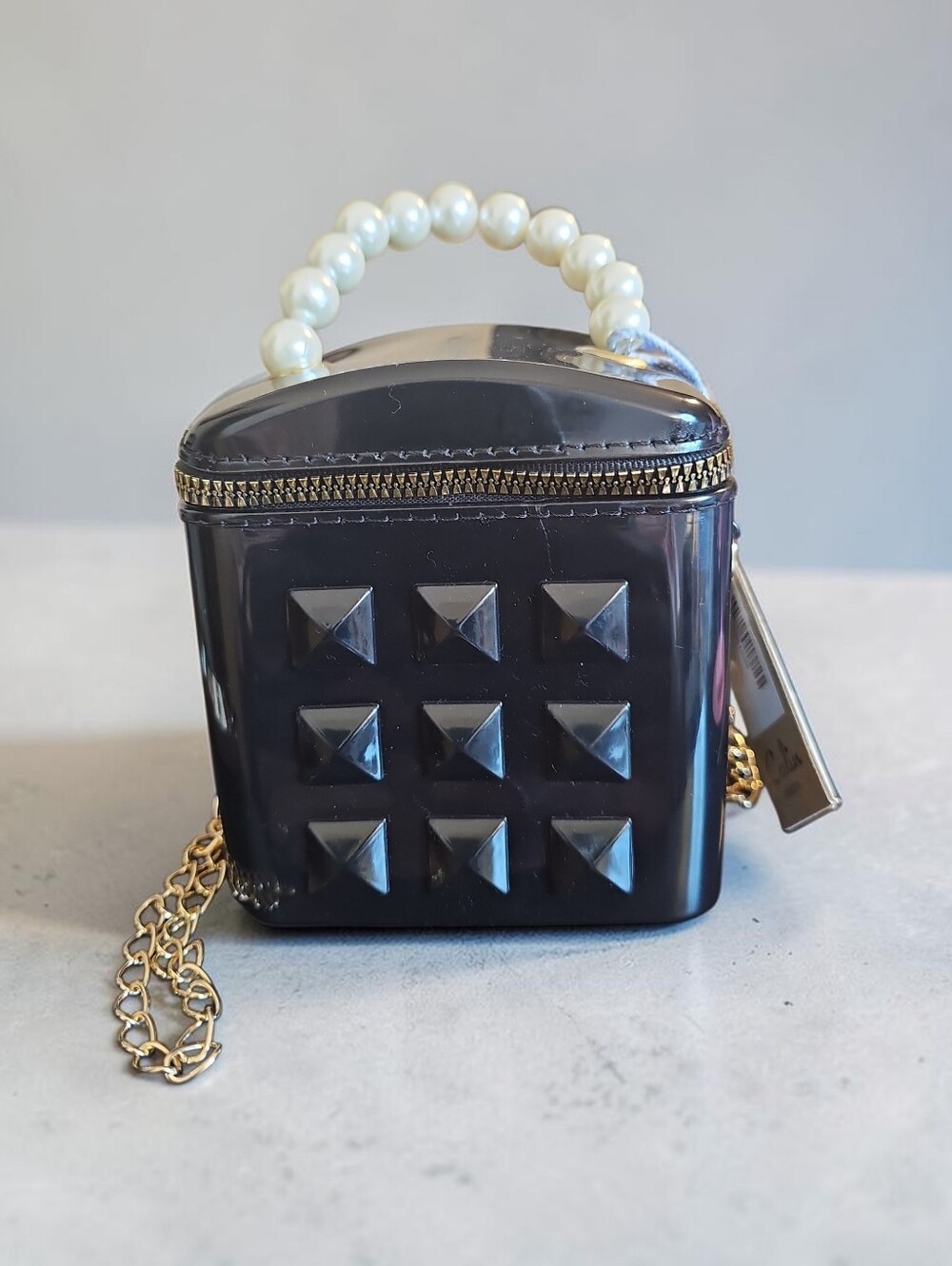 Calin Nwt Pvc Virul Black Studded Pearl-Handle Mini Crossbody Bag